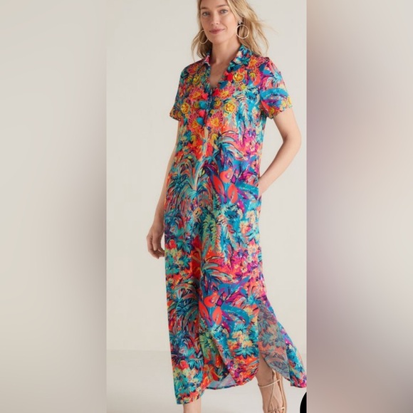 Soft Surroundings Dresses & Skirts - Soft Surroundings Florence Boho Embroidered Beaded Tropical Shirt Dress 2X 22W